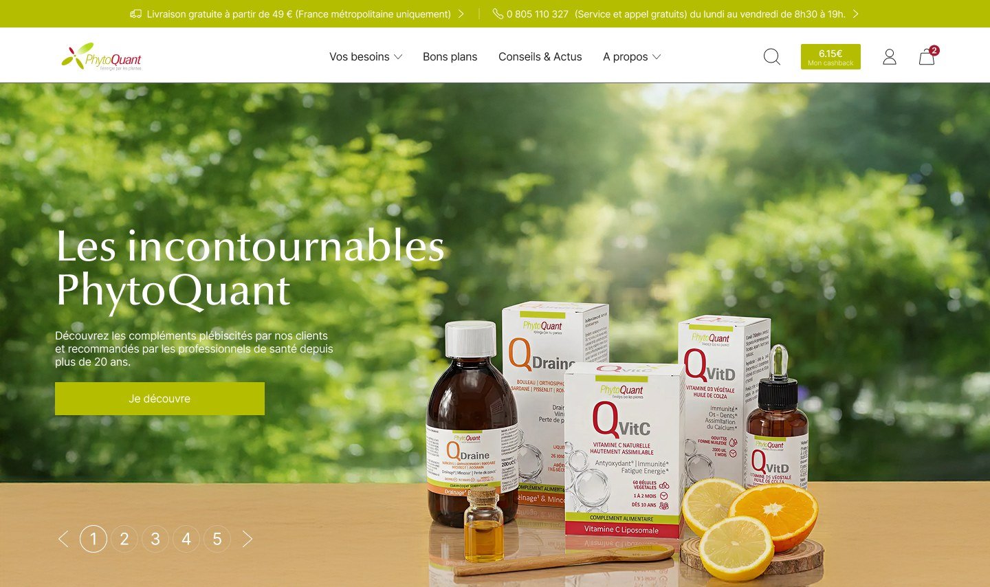 Page d'accueil de la boutique PhytoQuant, avec son visuel produit et son bouton