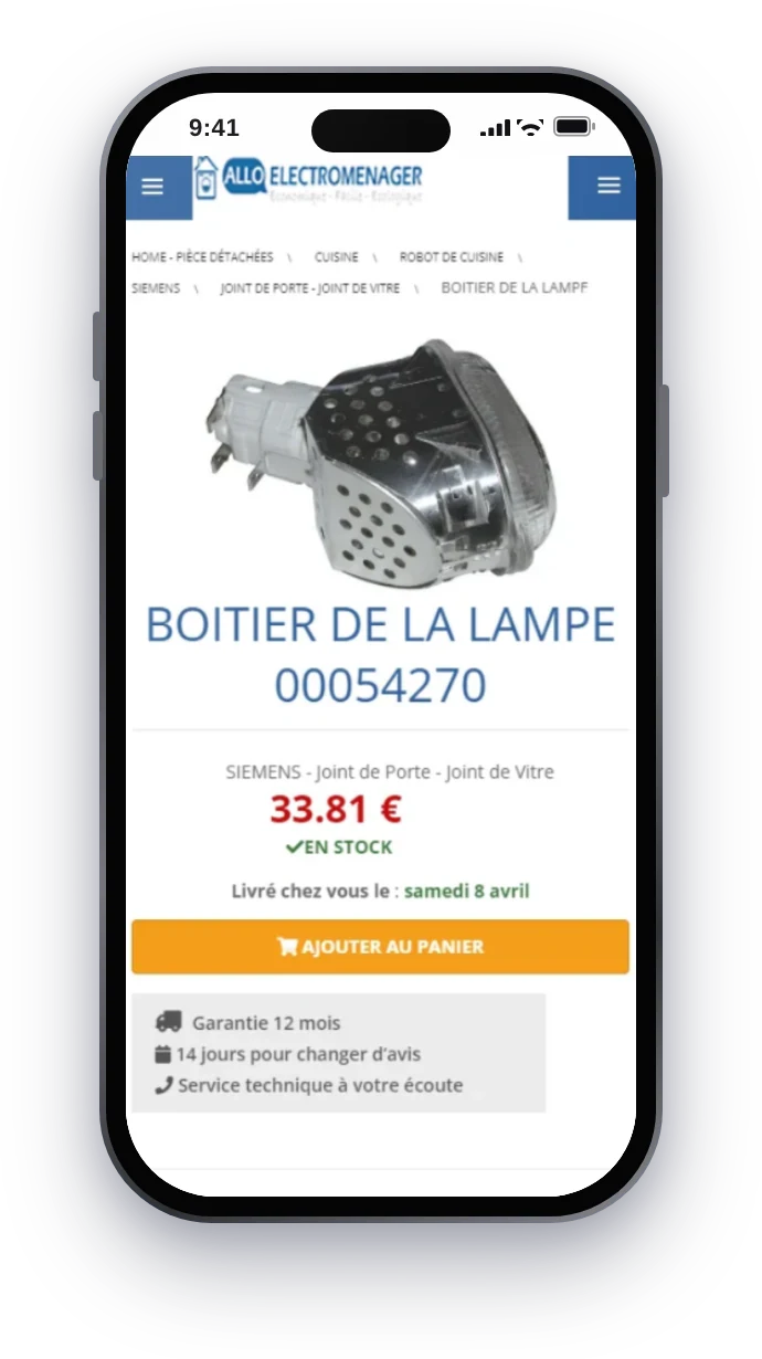 AlloElectromenager, fiche produit sur mobile