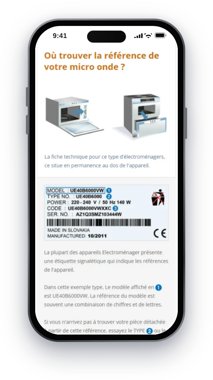 AlloElectromenager, aide pour trouver la référence d’un micro-ondes, sur mobile