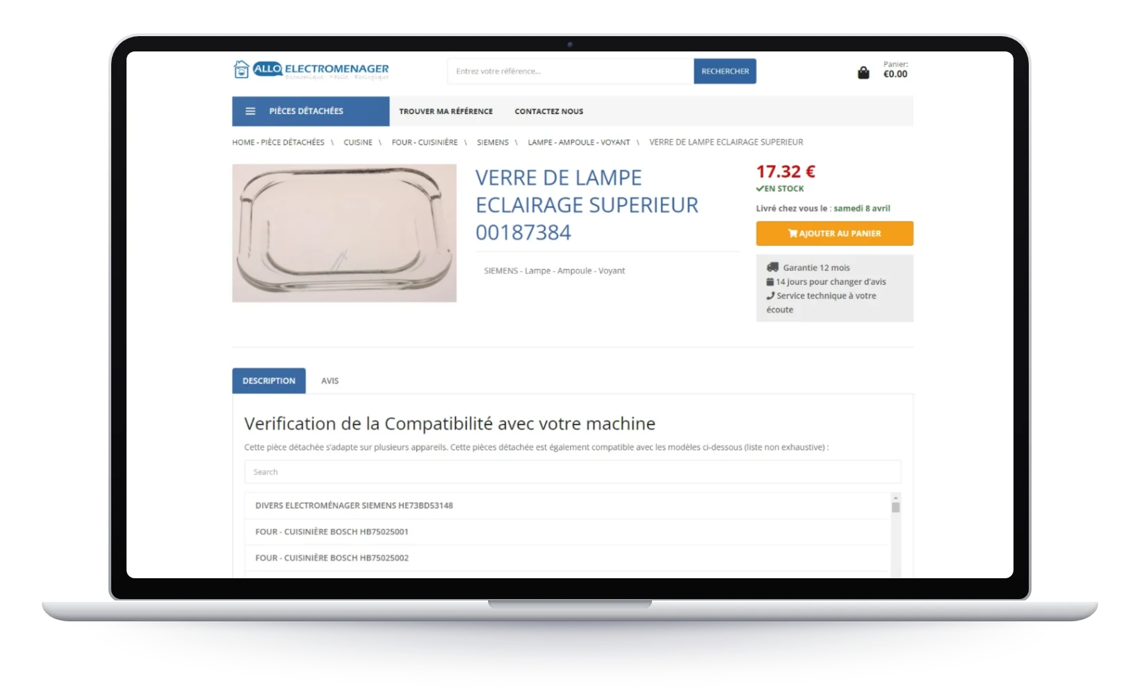 AlloElectromenager, fiche produit avec vérification de compatibilité sur ordinateur