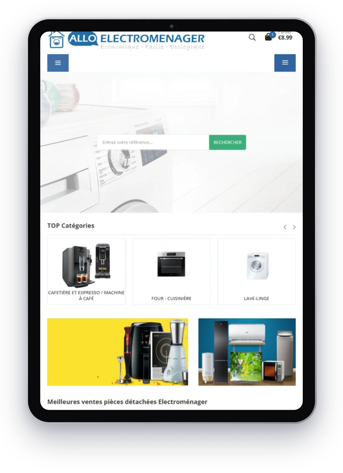 AlloElectromenager, page d’accueil sur tablette