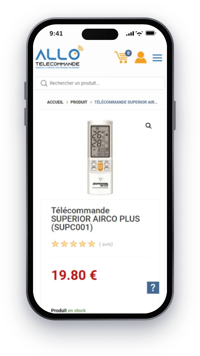 AlloTelecommande, fiche produit sur mobile