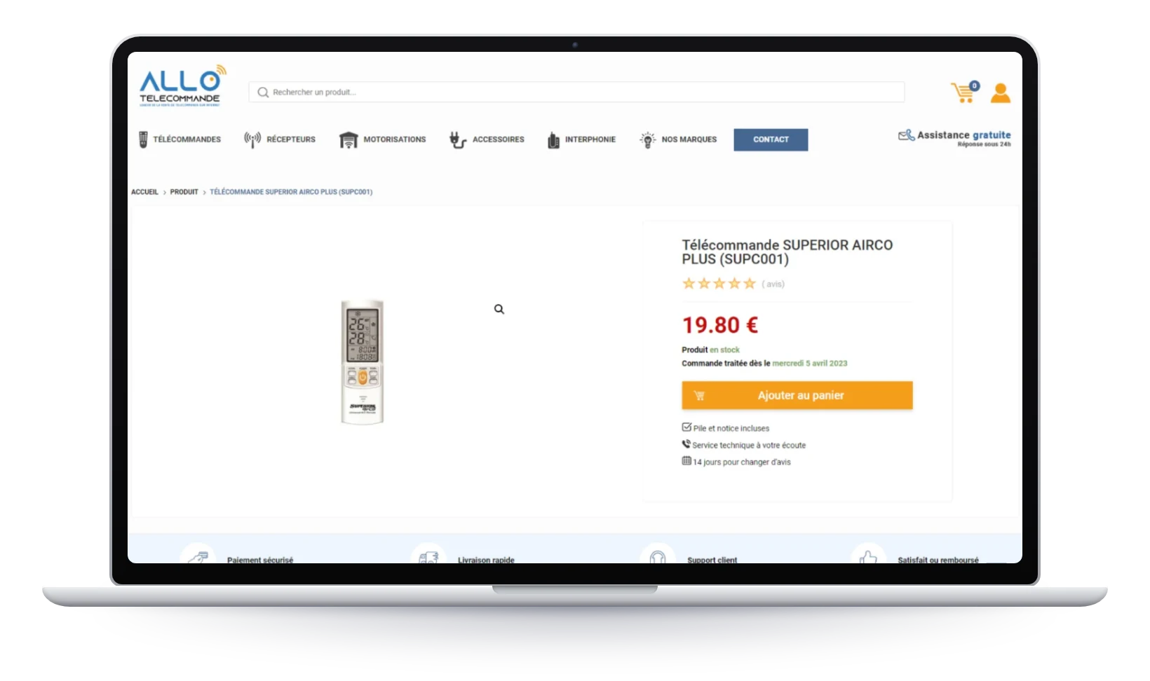 AlloTelecommande, fiche produit sur ordinateur