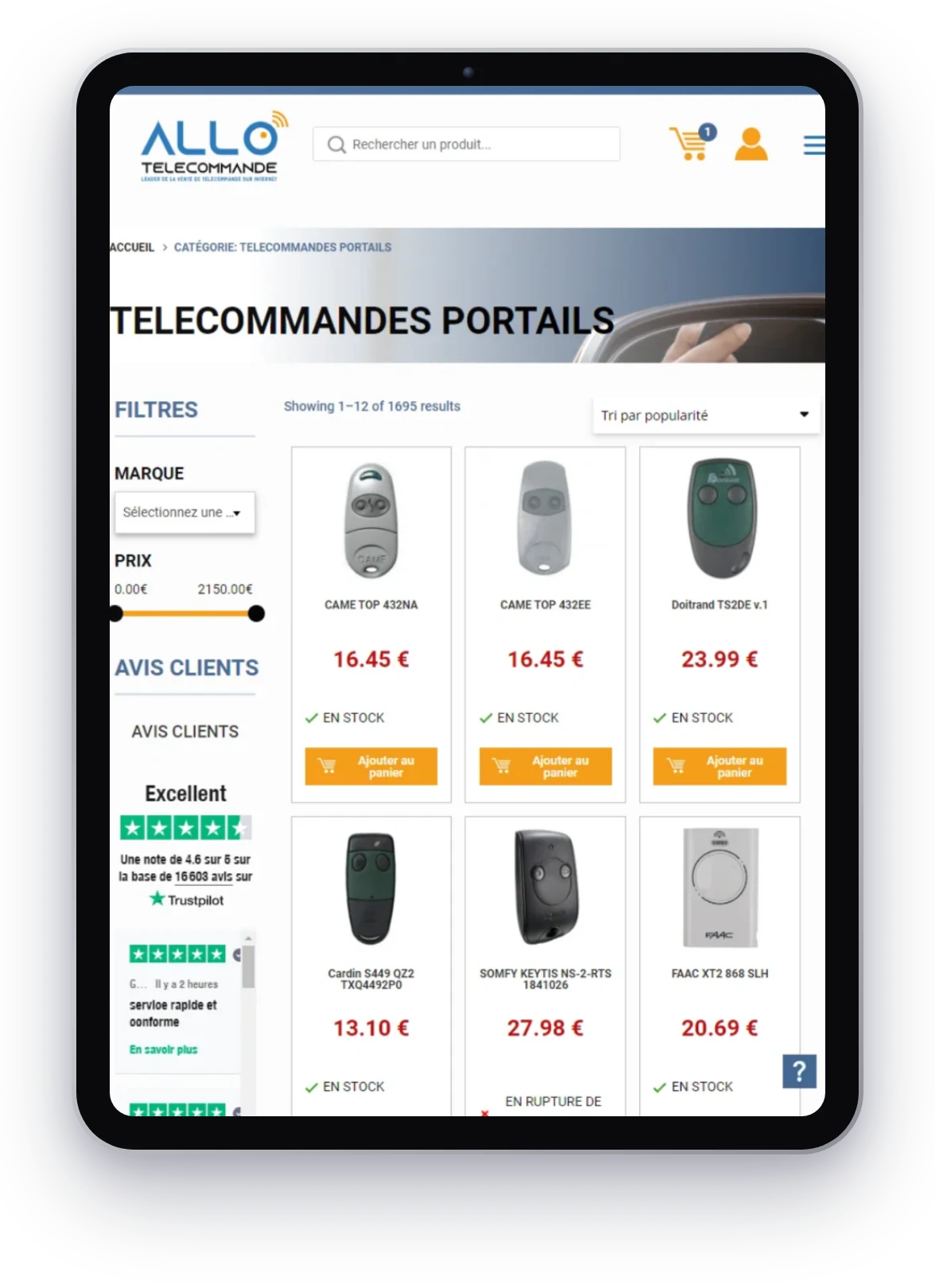 AlloTelecommande, catalogue de télécommandes de portail sur tablette