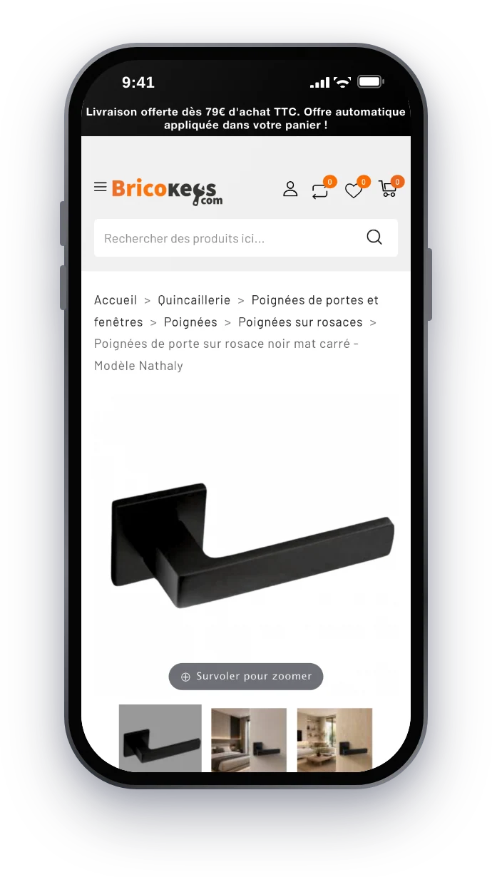 Bricokeys, fiche produit d’une poignée de porte sur mobile
