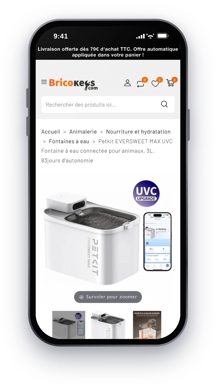 Bricokeys, fiche produit d’une fontaine PETKIT sur mobile