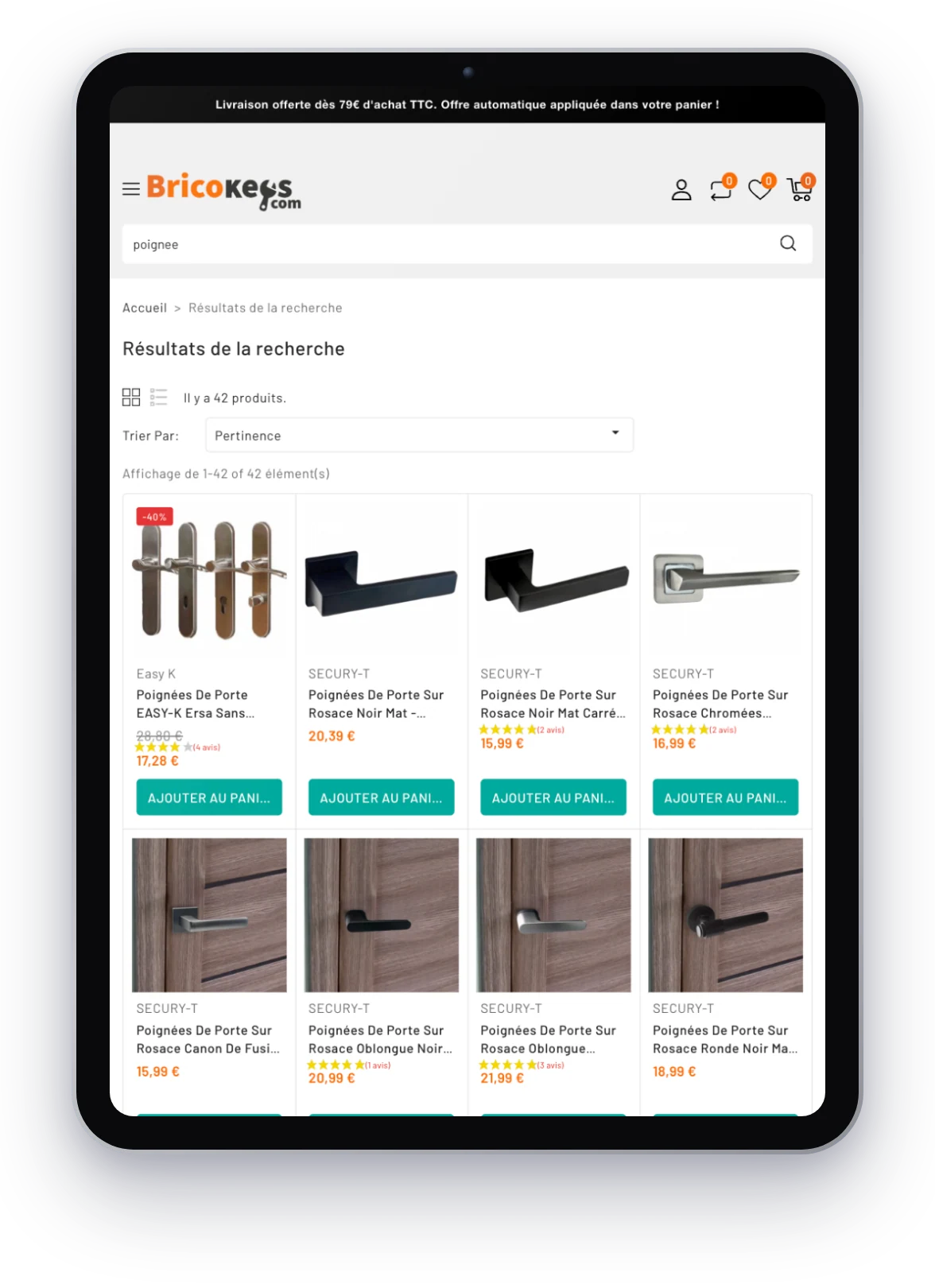 Bricokeys, résultats de recherche sur tablette
