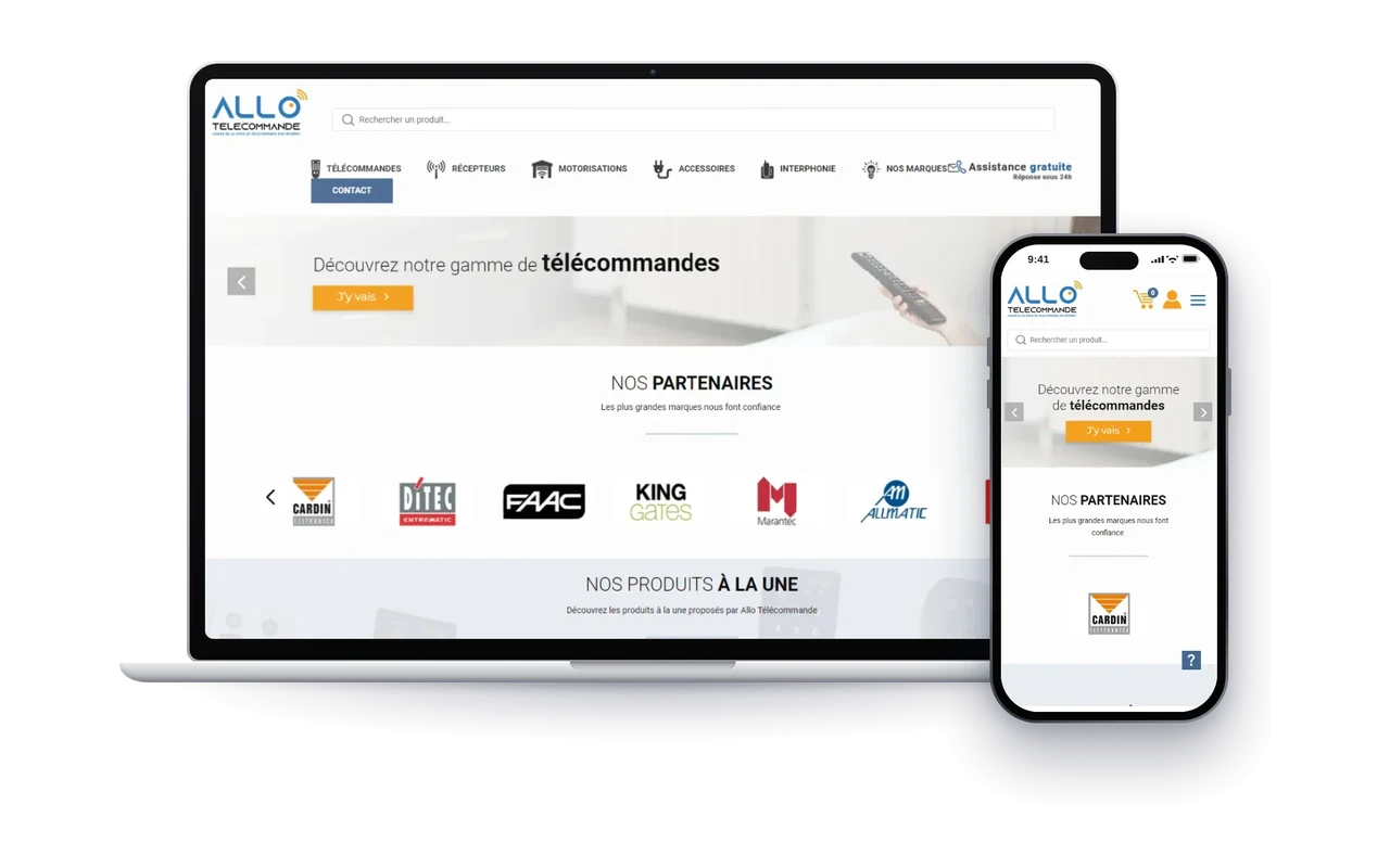 Page d’accueil d’une boutique de télécommandes sur ordinateur et sur téléphone