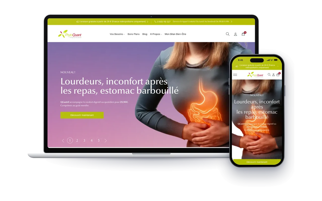 Page d’accueil d’une boutique de compléments alimentaires sur ordinateur et sur téléphone