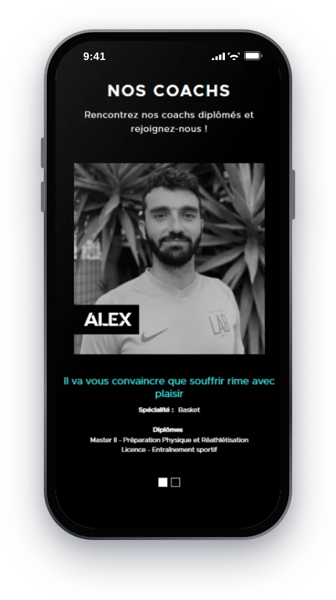 Training Lab, coaches page on mobile