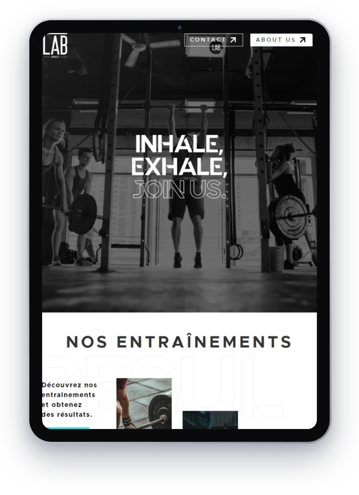 Training Lab, home page on tablet