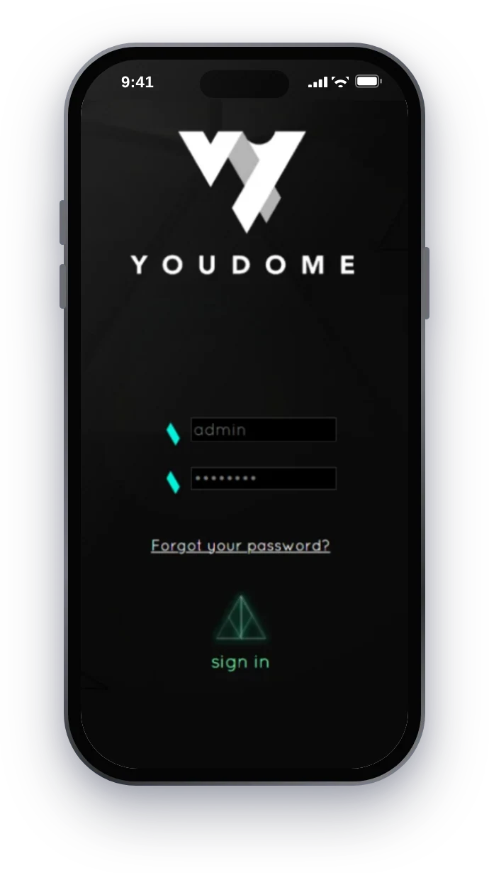 YouDome, login screen on mobile